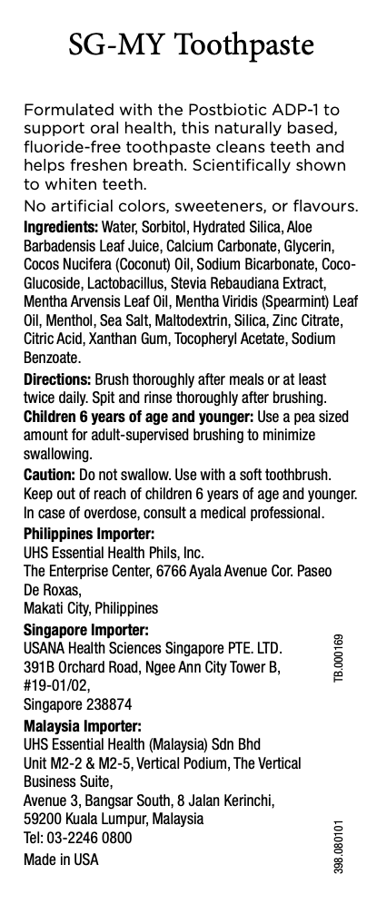 USANA Singapore Toothpaste Supplement Facts